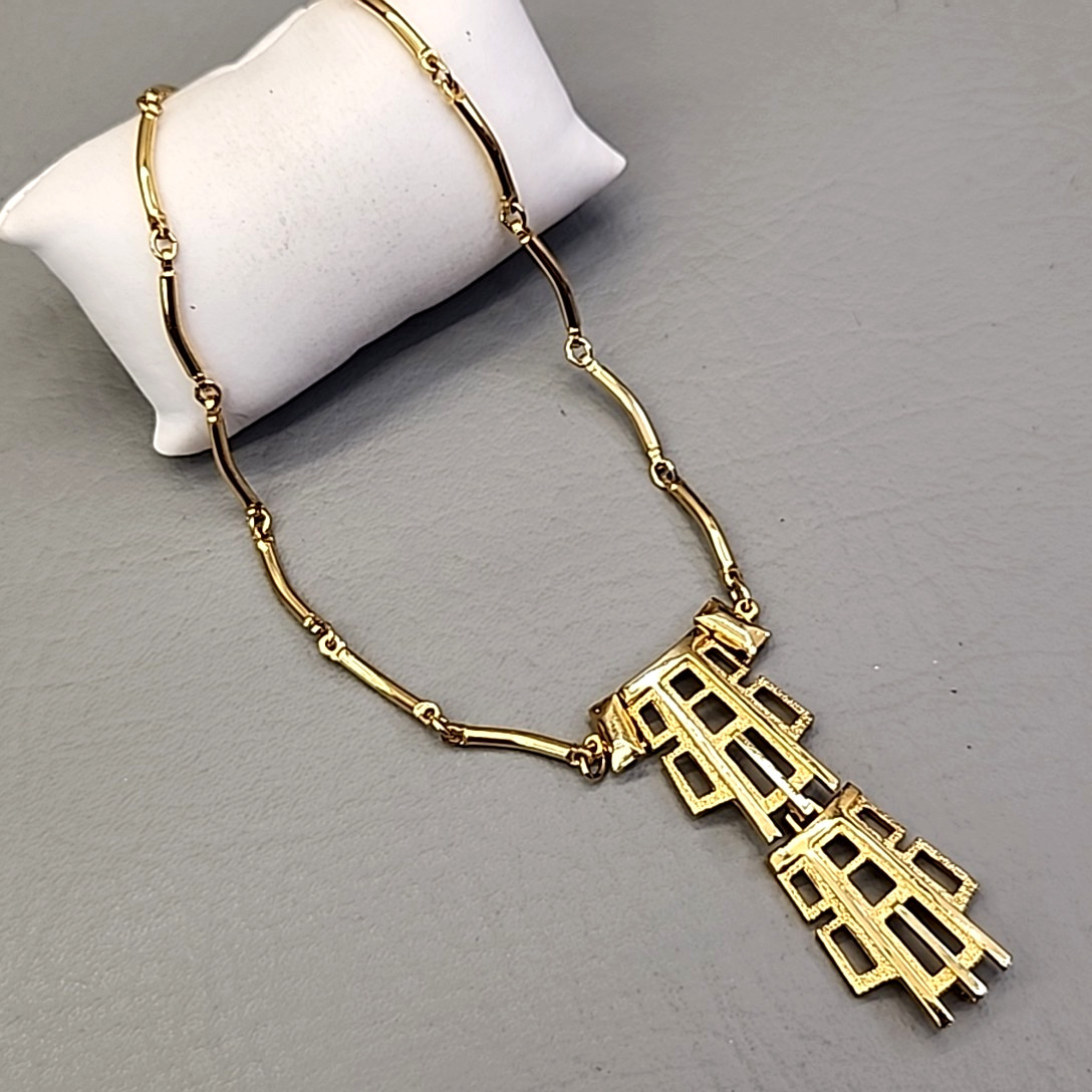 Vintage Modernist Necklace Gold Tone Geometric Dangle Pendant Articulated READ