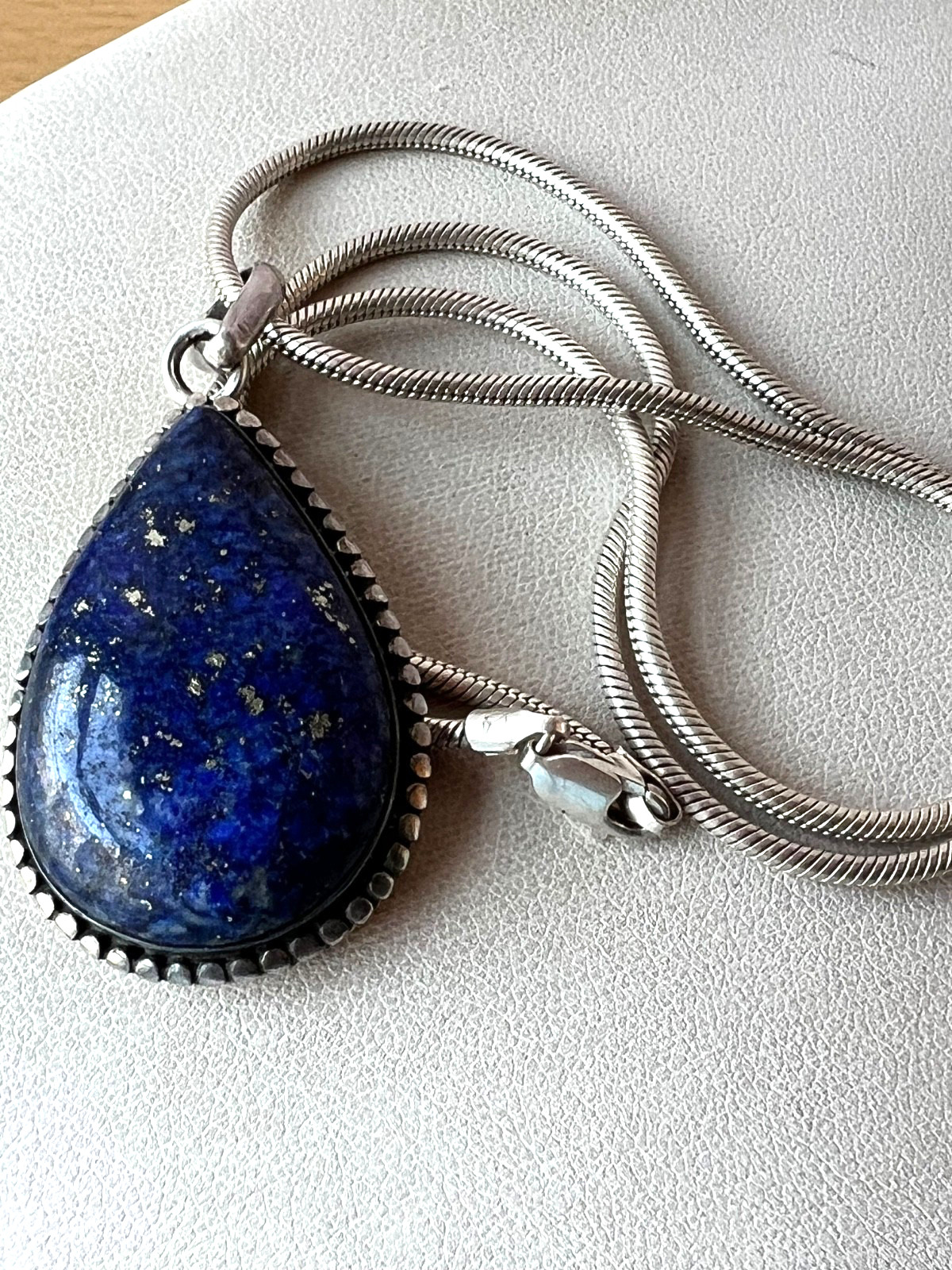 VINTAGE LARGE LAPIS LAZULI PENDANT THICK SNAKE CHAIN NECKLACE 925 STERLING SLVER