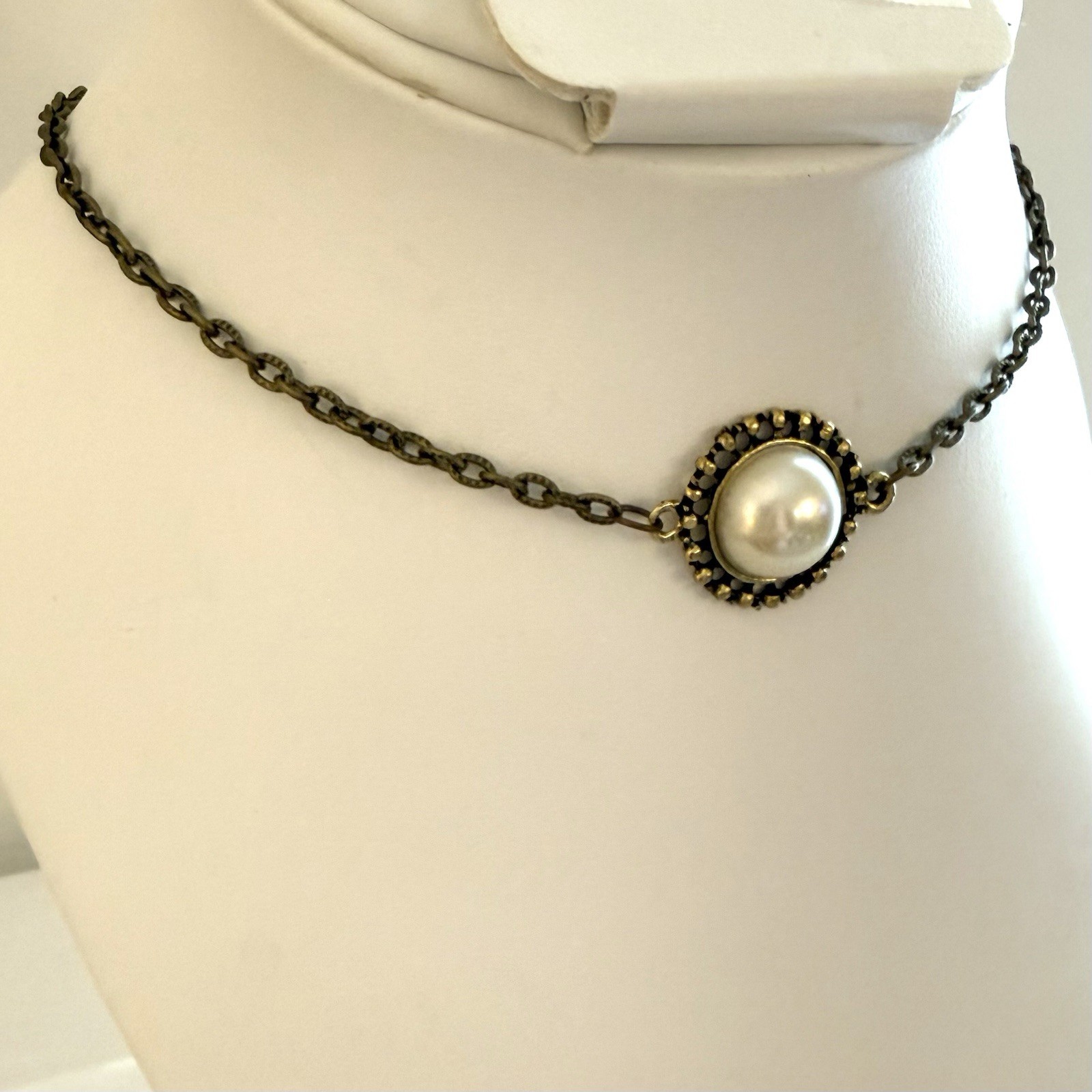 S925 Sterling Silver Faux Pearl Marcasite Art Deco Necklace Vintage 18″