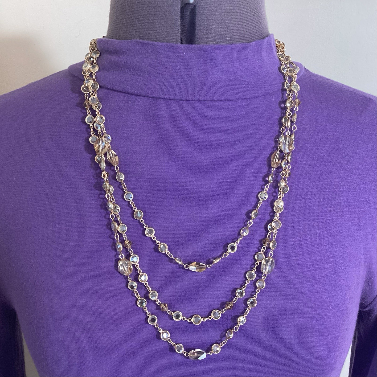 Austrian Crystal USA Signed GoldTone Bezel Champagne Multi-Strand Necklace 24.5”