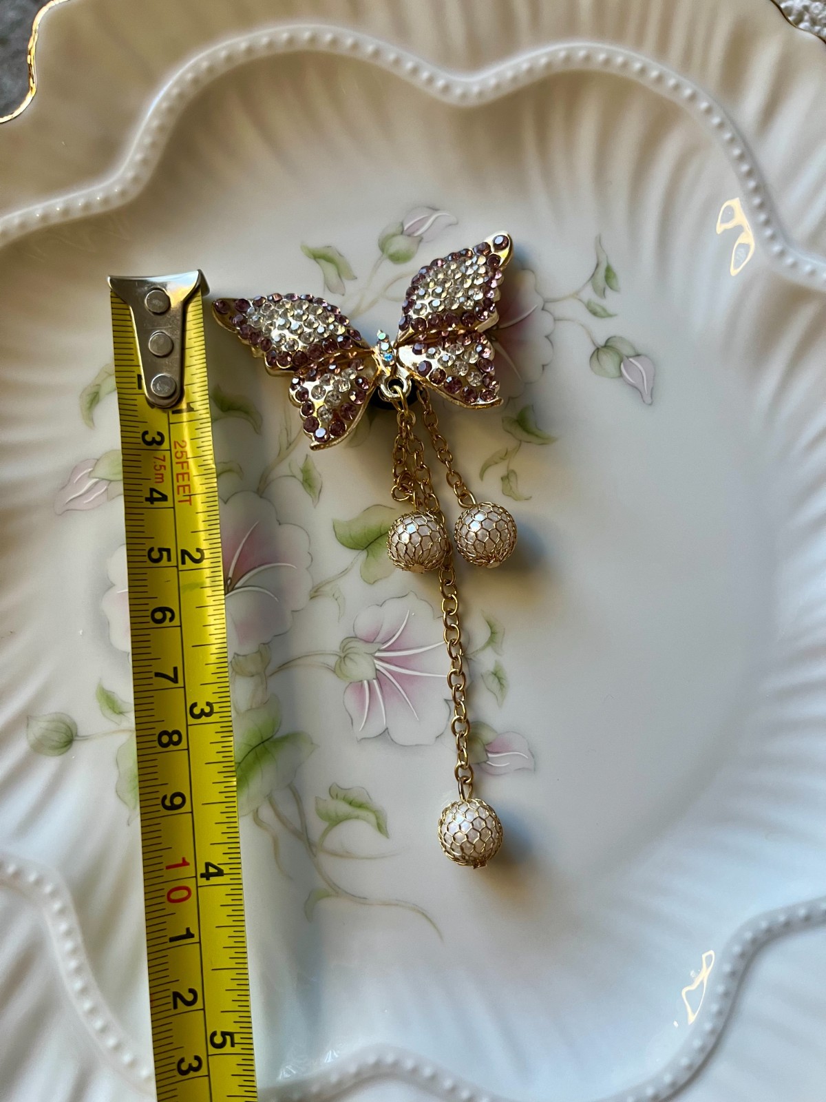 Gemstone butterfly trinket with dangling caged pearls