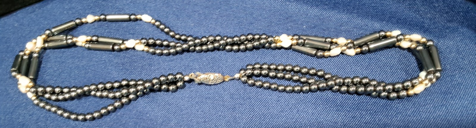 Obsidian Bead three strand necklace with Freshwater Pearls & goldtone Beads 18″