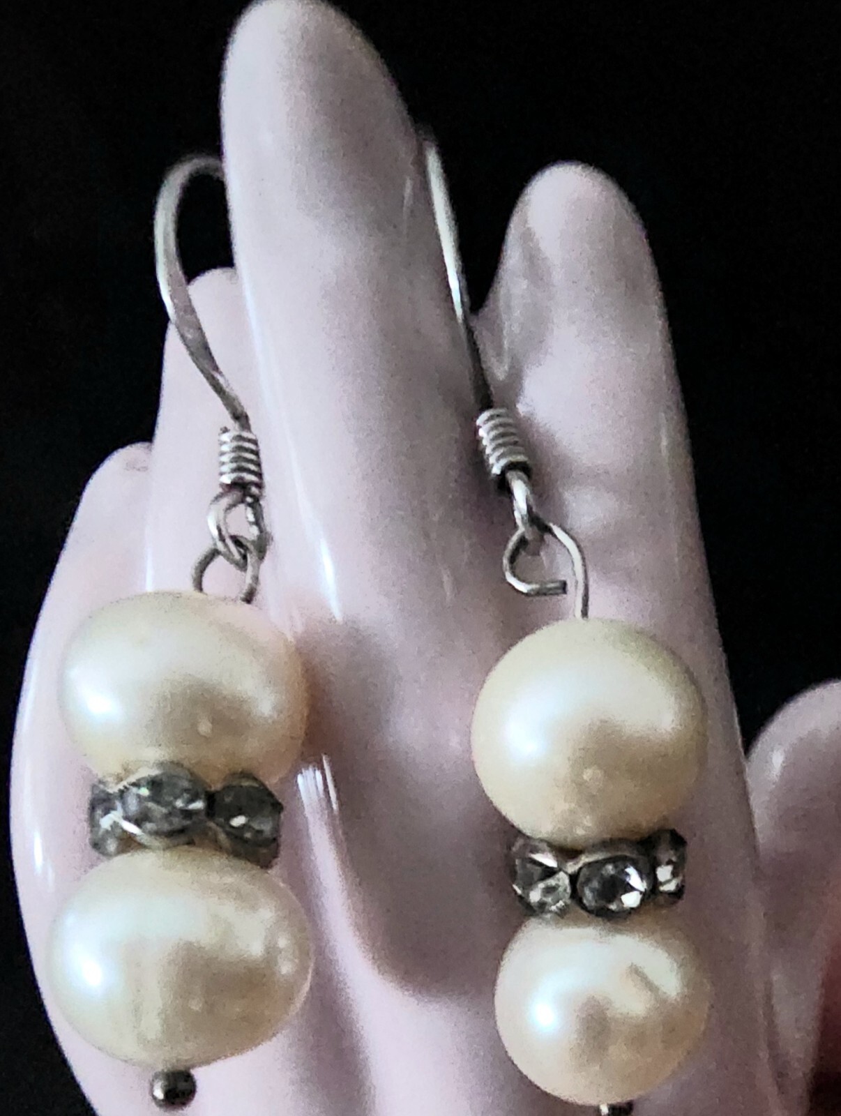 Elegant,2 Tiered Pearl Dangle Earrings, 925 Sterling Silver & Shimmering Crystal