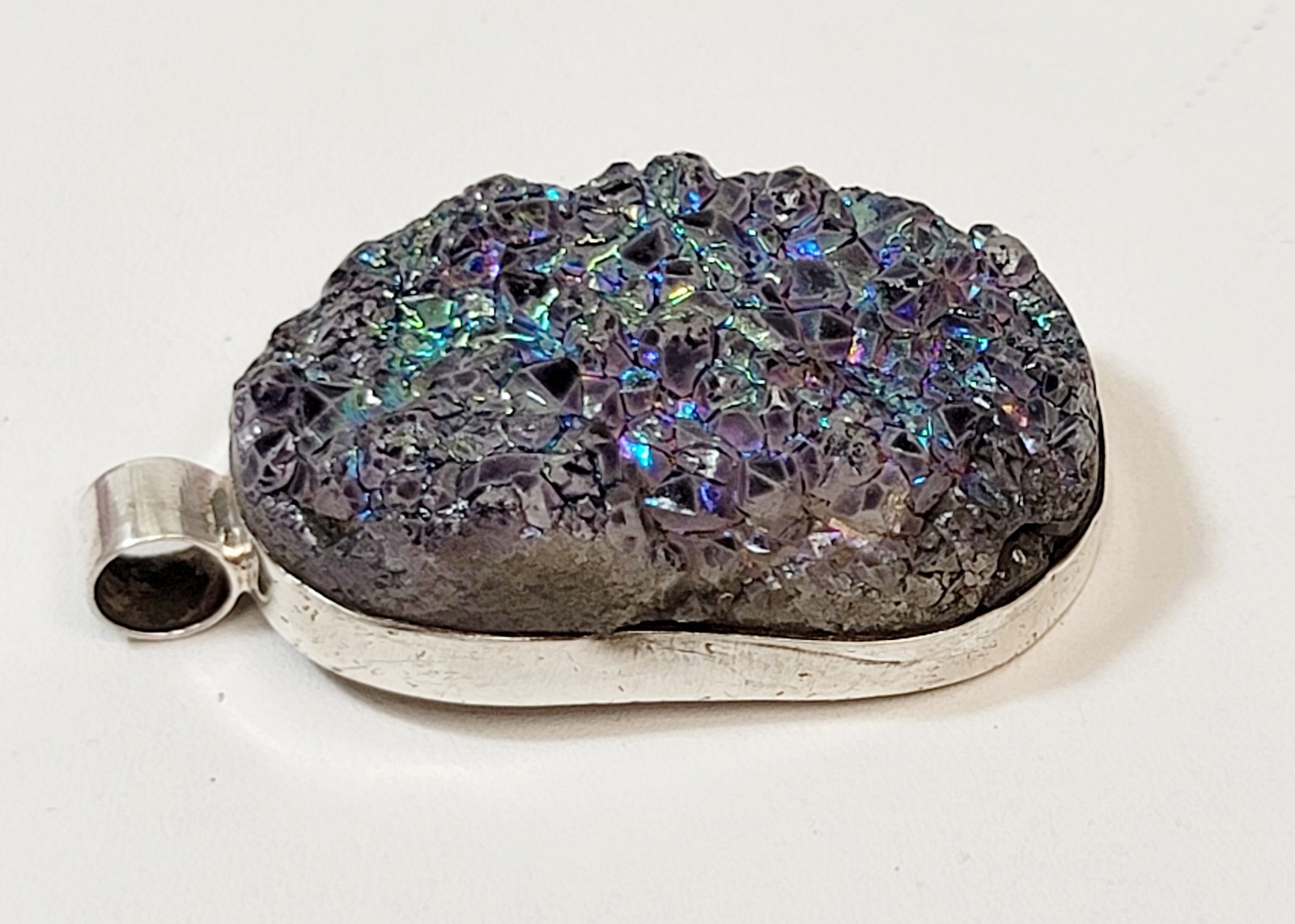 Vintage Sterling Silver Large Purple Blue Peacock Druzy Stone Necklace Pendant