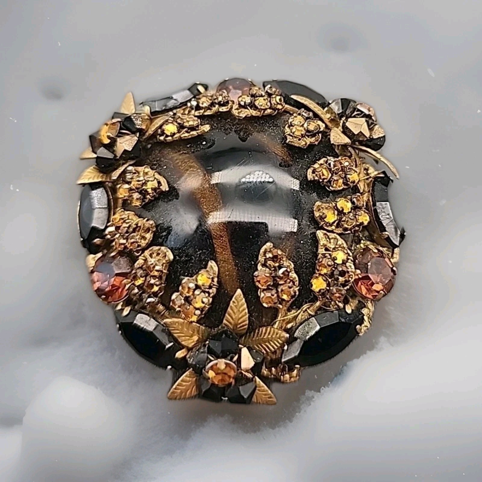 VTG Original By Robert Rare Huge Amber & Black Rhinestone Glass Brooch 2.5″