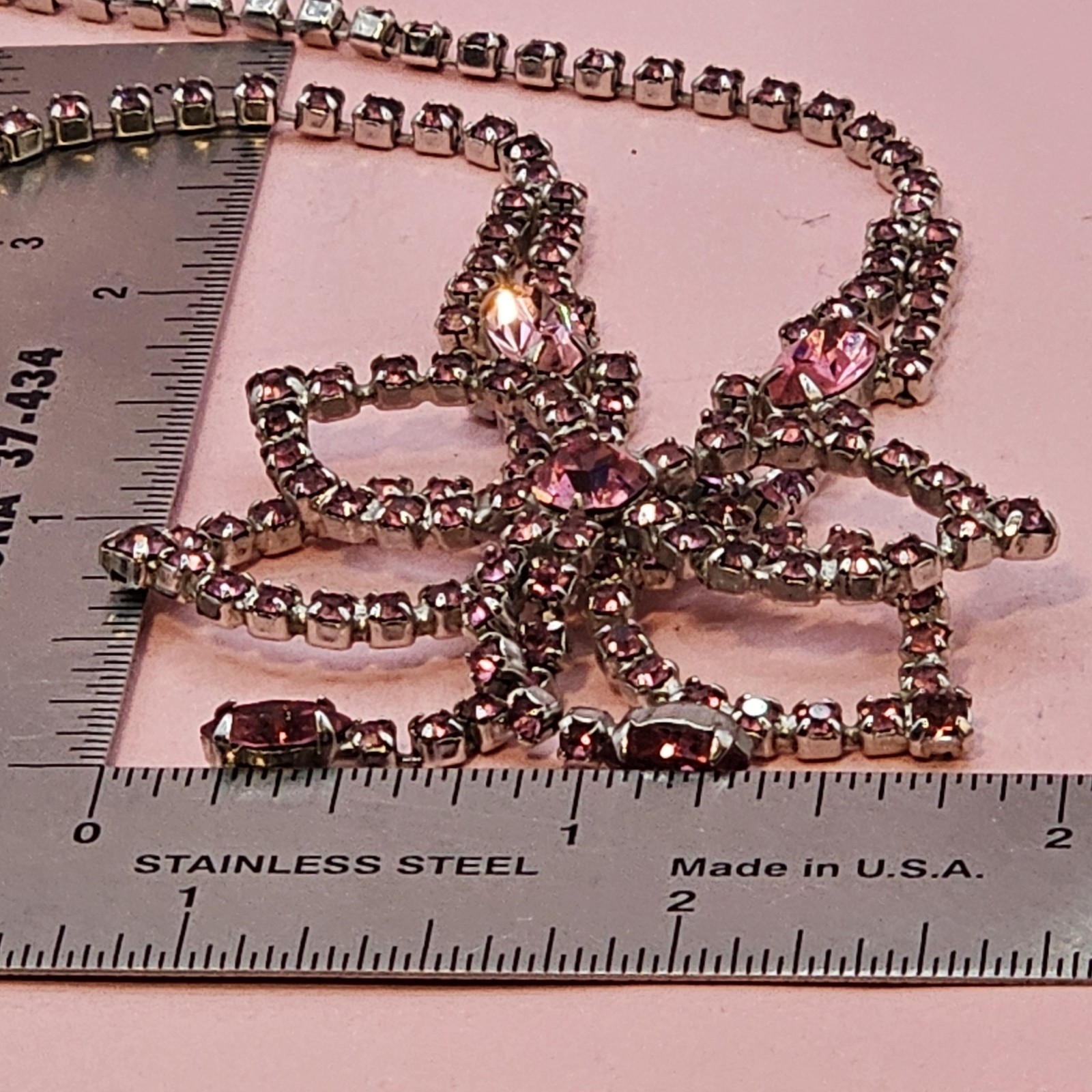 Vintage Pink Rhinestone Necklace Bow Statement Drop Bib Silvertone 1980s Prom