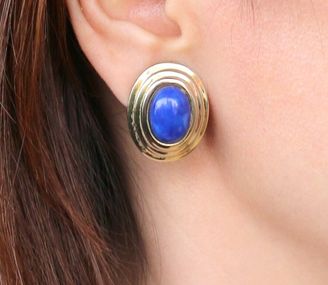Vintage Gay Boyer Faux Blue Lapis Gold Tone Clip On Earrings
