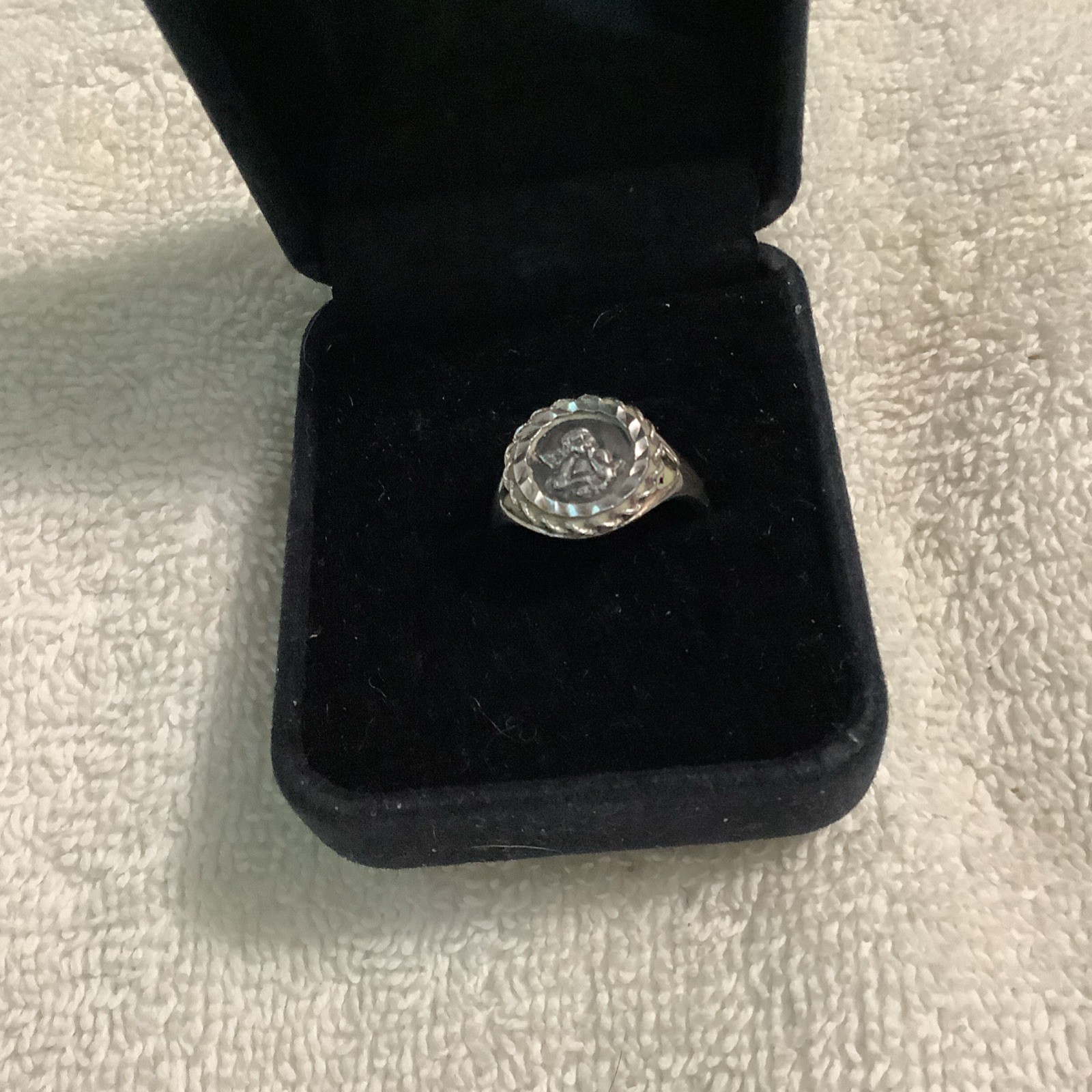 Vintage Guardian Angel Coin Signet Ring Sterling Silver Size 7