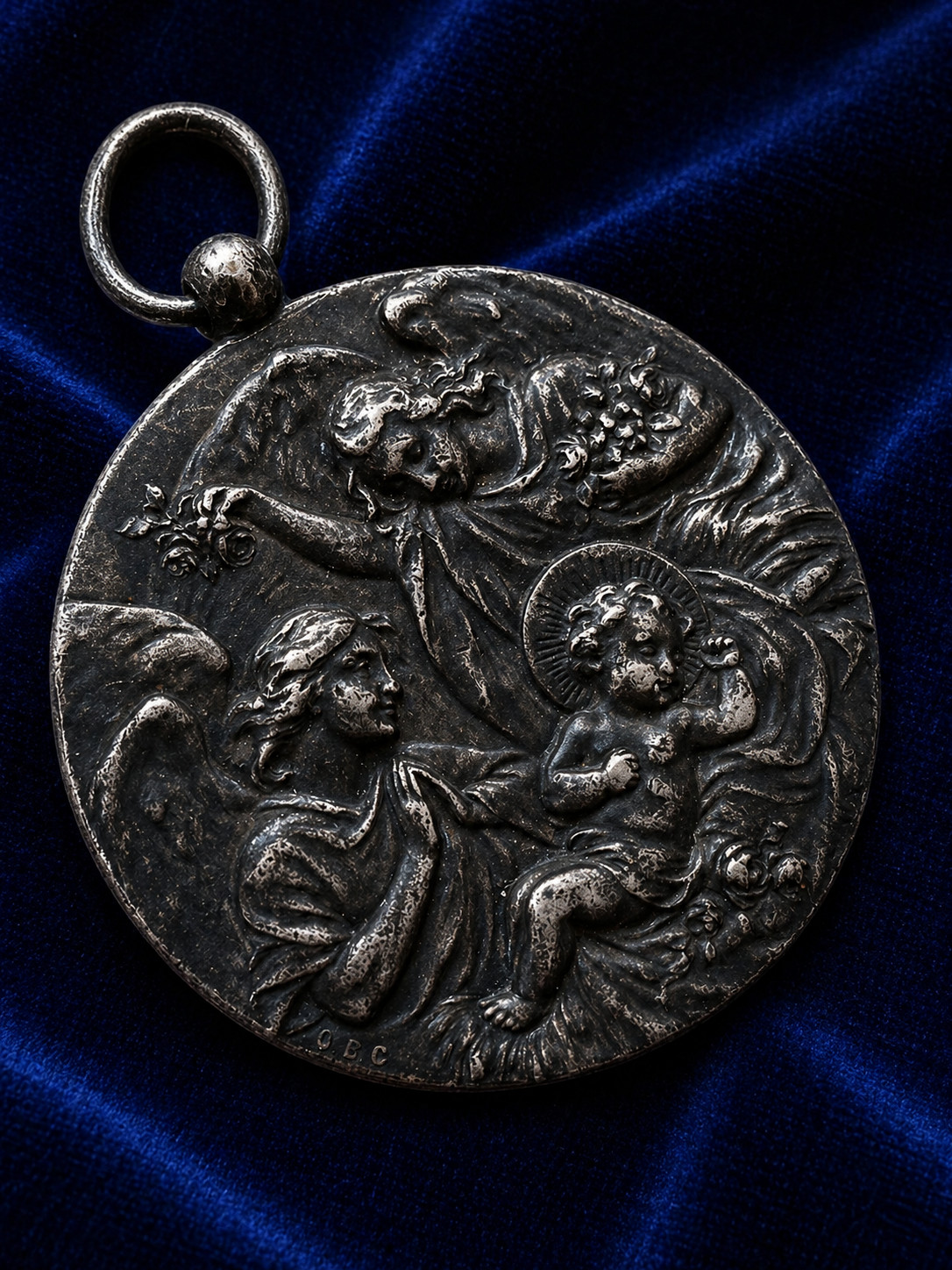 Large Antique Solid Silver Religious Medal Virgin Mary Angel Scene 19thC French