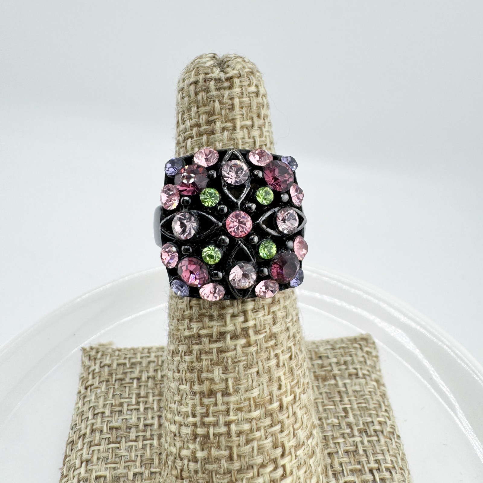 Vintage Black Gunmetal Rhinestone Ring Pink Green Purple Floral Cocktail Retro