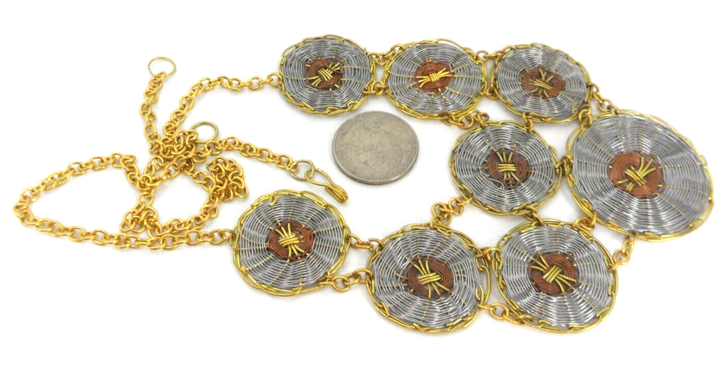 Ethnic Bib Necklace Woven Wire Discs Multi Mixed Metal Copper Shields Medallions