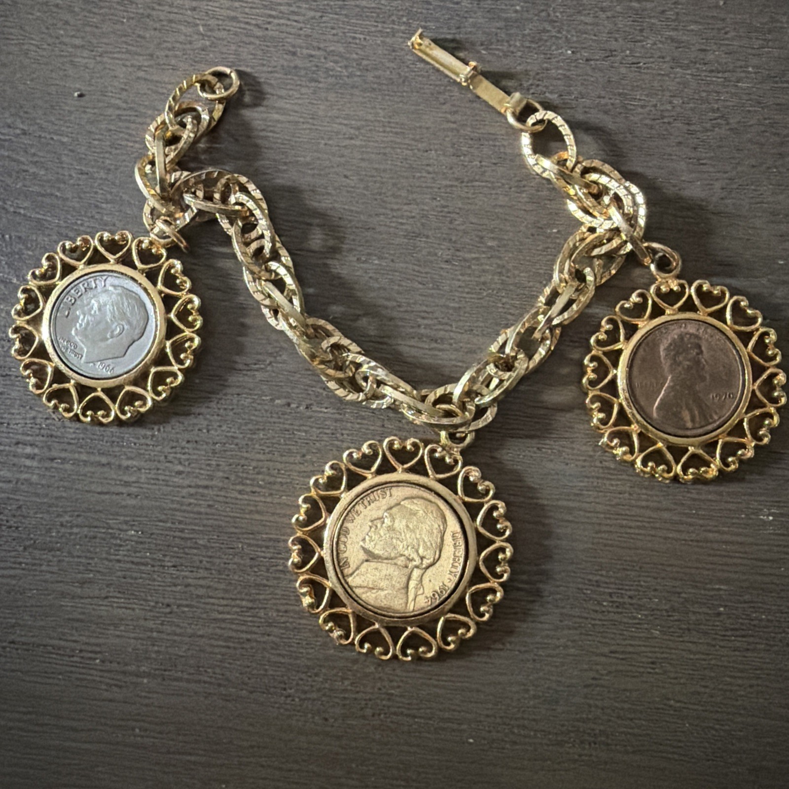 Vintage Three Coins In The Fountain Charm Bracelet Chunky Link Chain WLP
