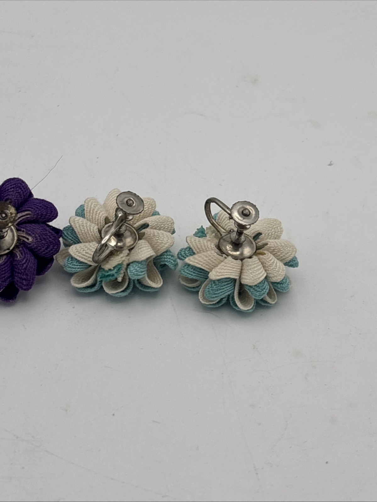 Vintage Earrings Blue & White Purple And White Ribbon Fabric Flower Screw Back