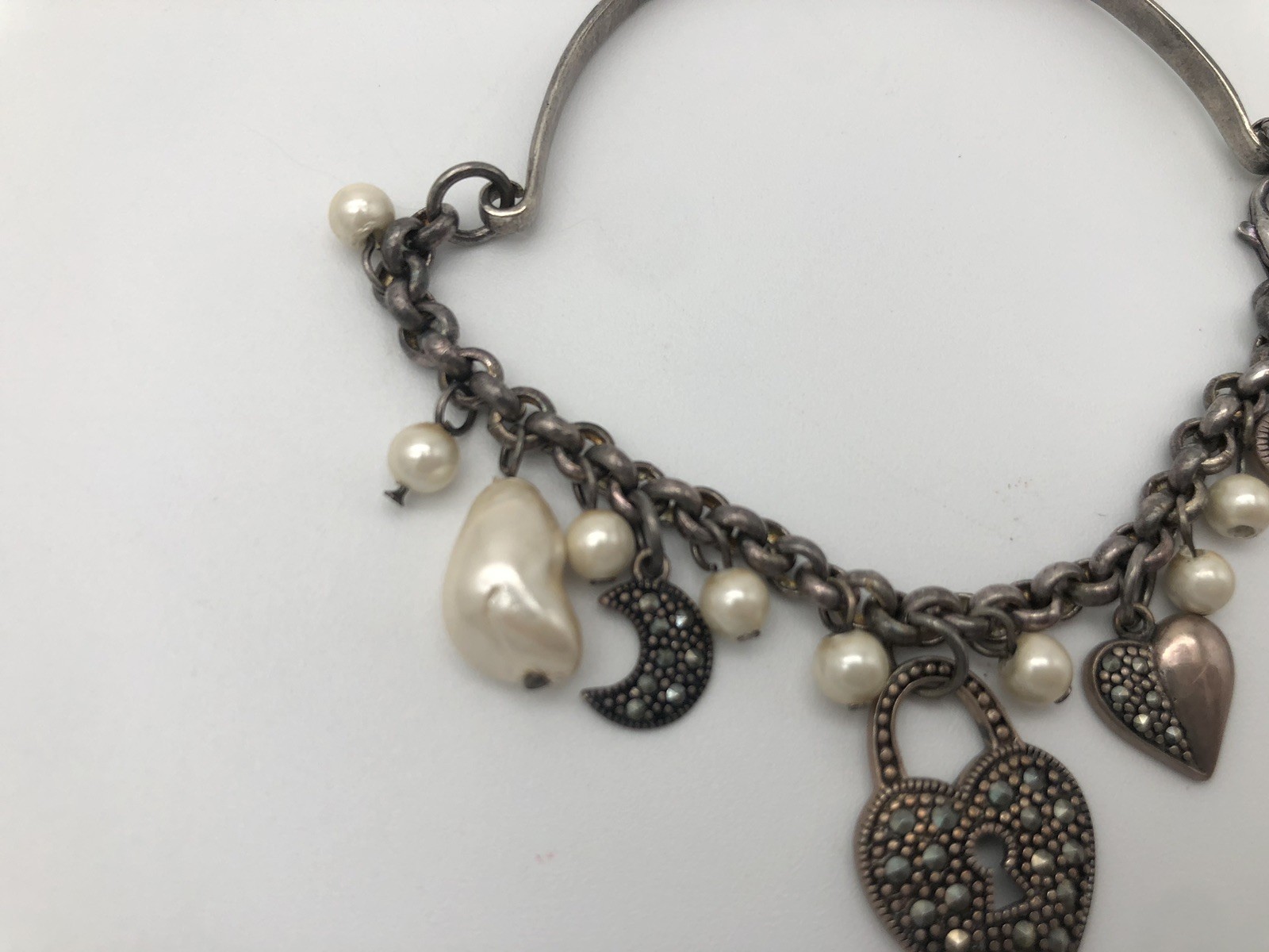 Vintage Sterling Silver Heart And Key Charm Bracelet Marcasite Stones Faux Pearl