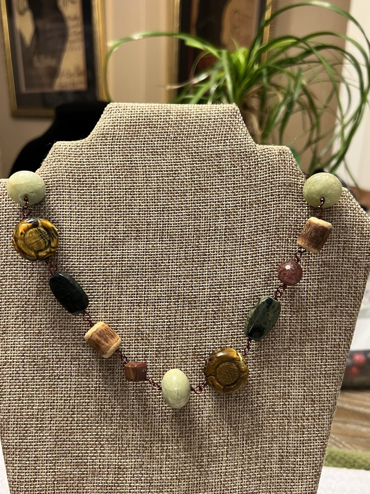 ESTATE CHINESE CARVED TIGERS EYE, JADE JASPER STONE NECKLACE 18” STERLING COPPER