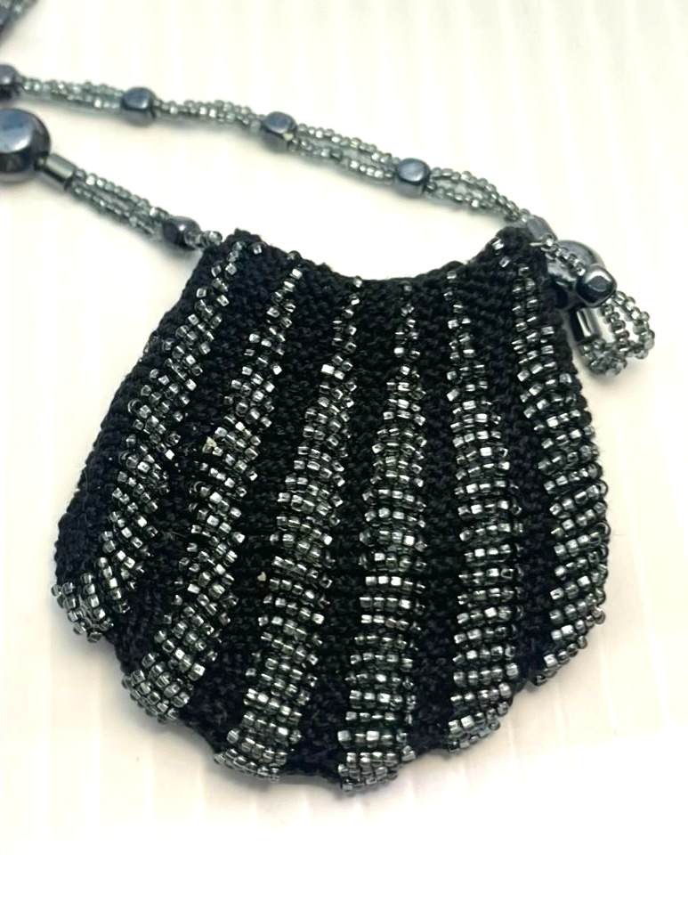 Miniature Beaded Purse Necklace Shell Shaped Black Gray Amulet Keepsake Holder