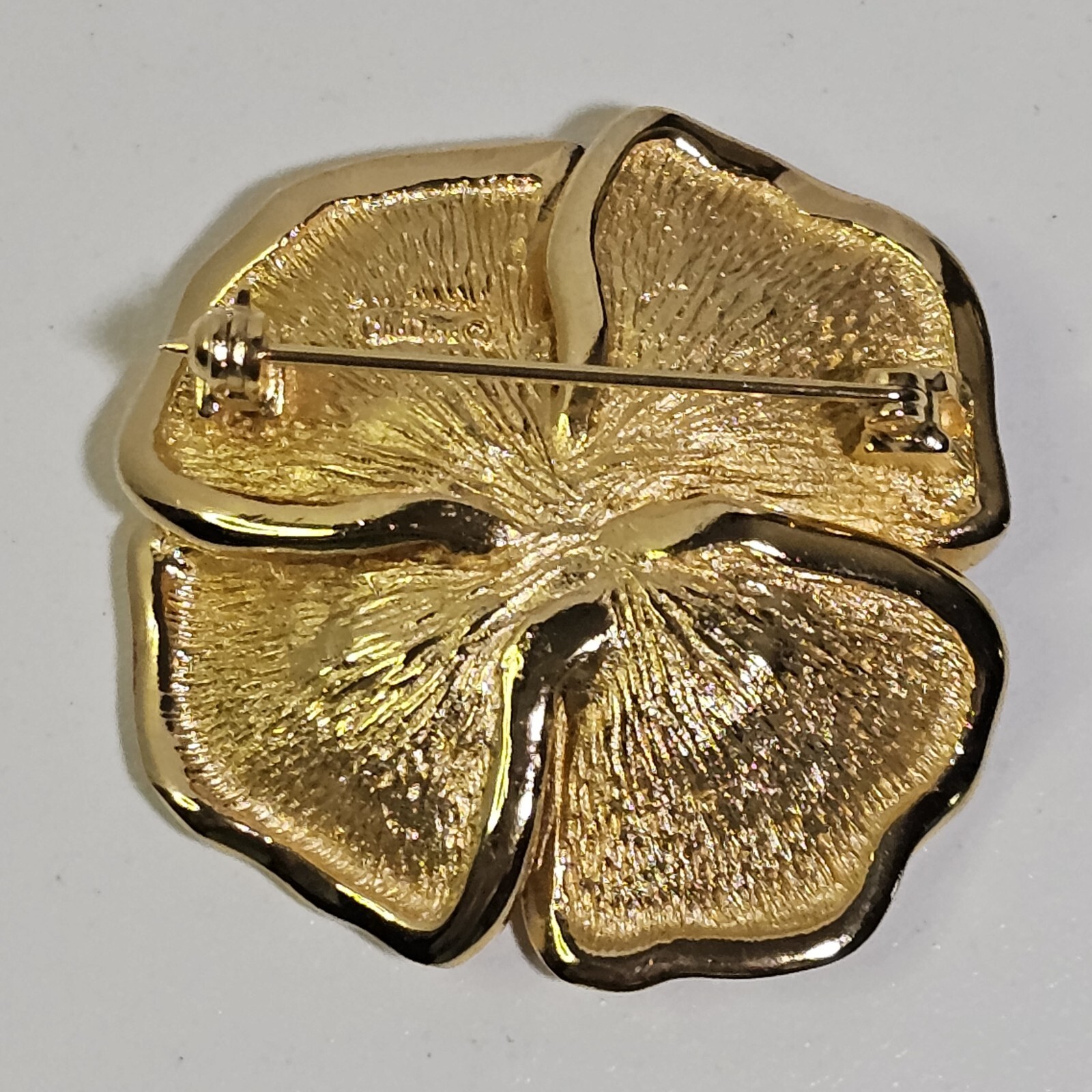 Rare Christian Dior Gold Tone Flower Brooch Pin Rhinestone & Redish Brown Enamel