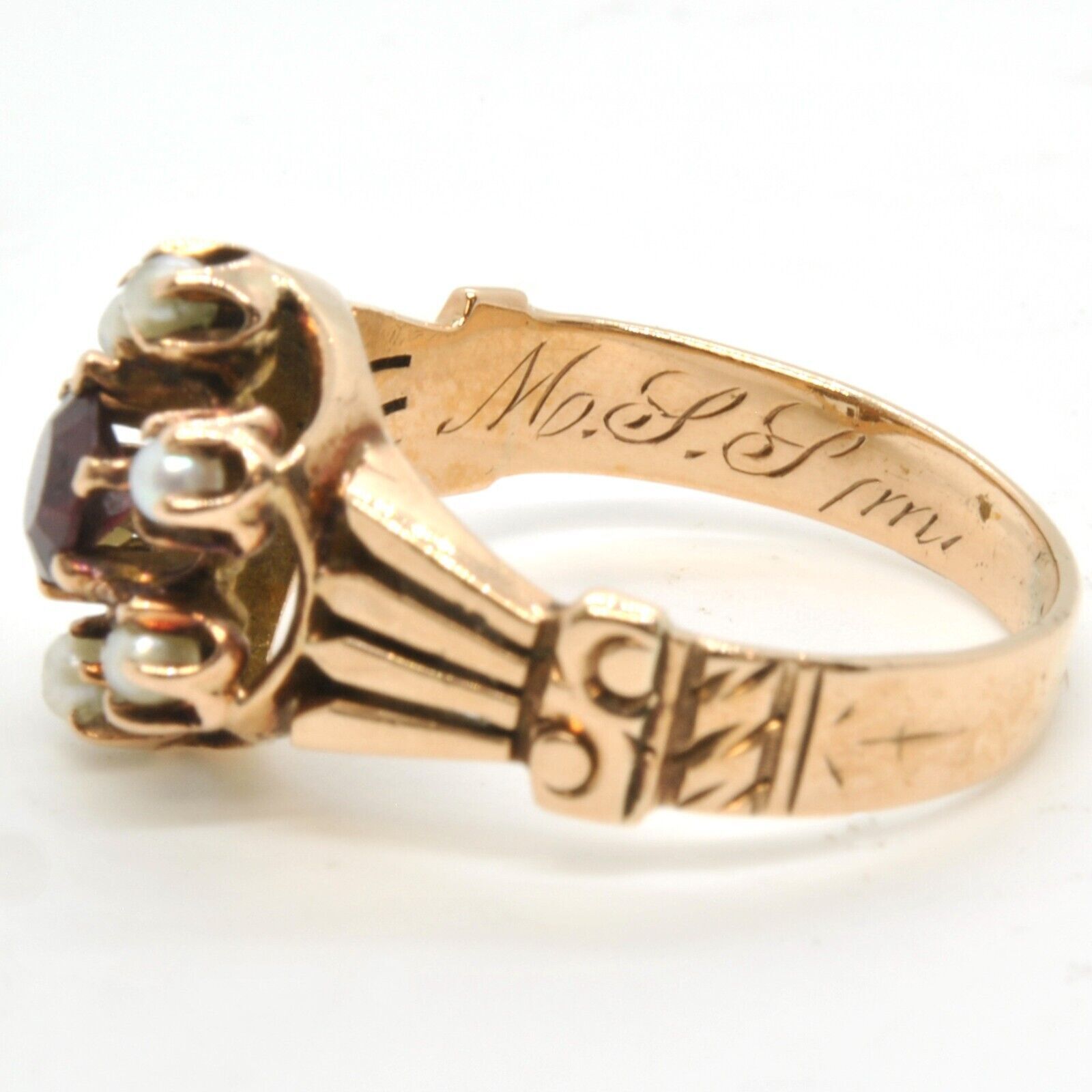 Antique Victorian Ladies 9k Pink Gold Red Spinel Seed Pearl Gemstone Estate Ring