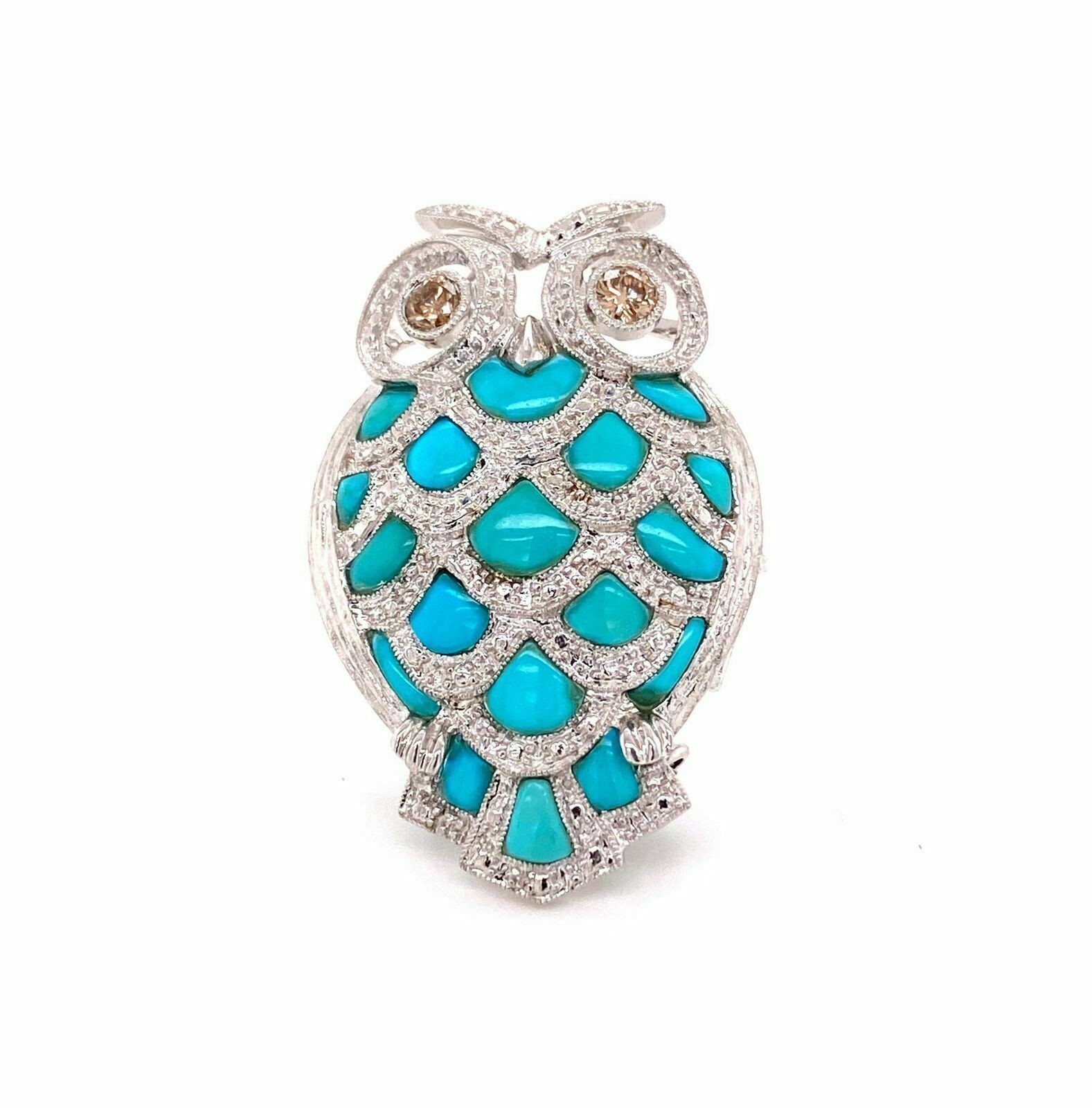 Champagne Diamond Turquoise Owl 18k White Gold Brooch Pendant