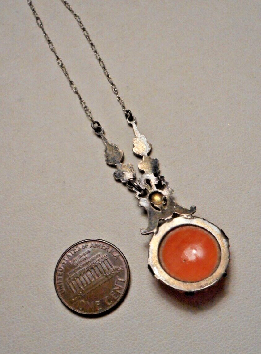 1920s Art Deco Czech? Faux Carved Coral Glass & Marcasite Pendant Necklace 16″