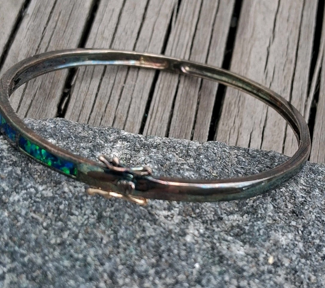 Vtg 925 Blue Opal Hinged Bangle Bracelet Sterling Silver