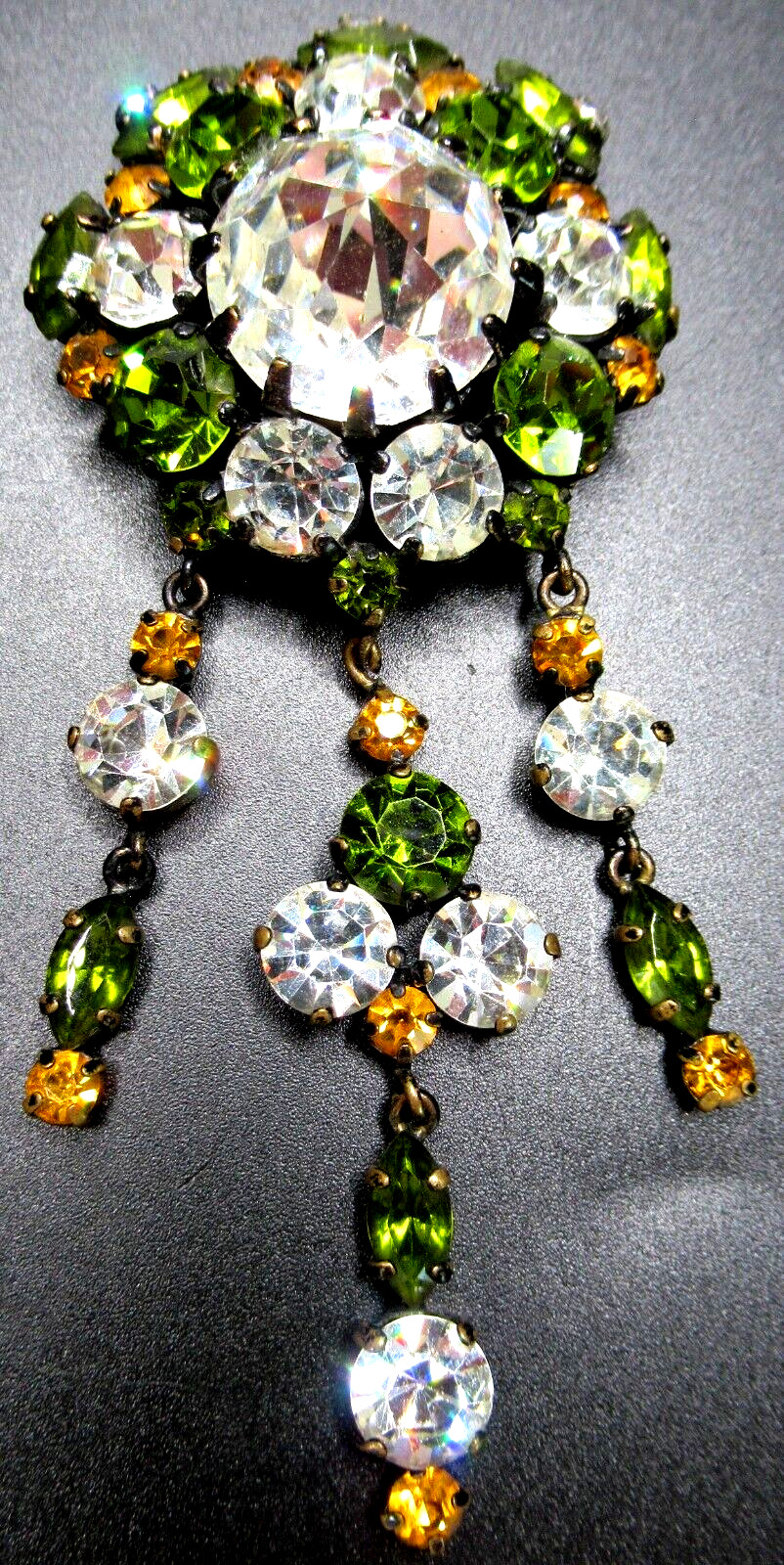Austrian, French or German Dangling Green Yellow & Ice Rhinestone 1950’s Brooch