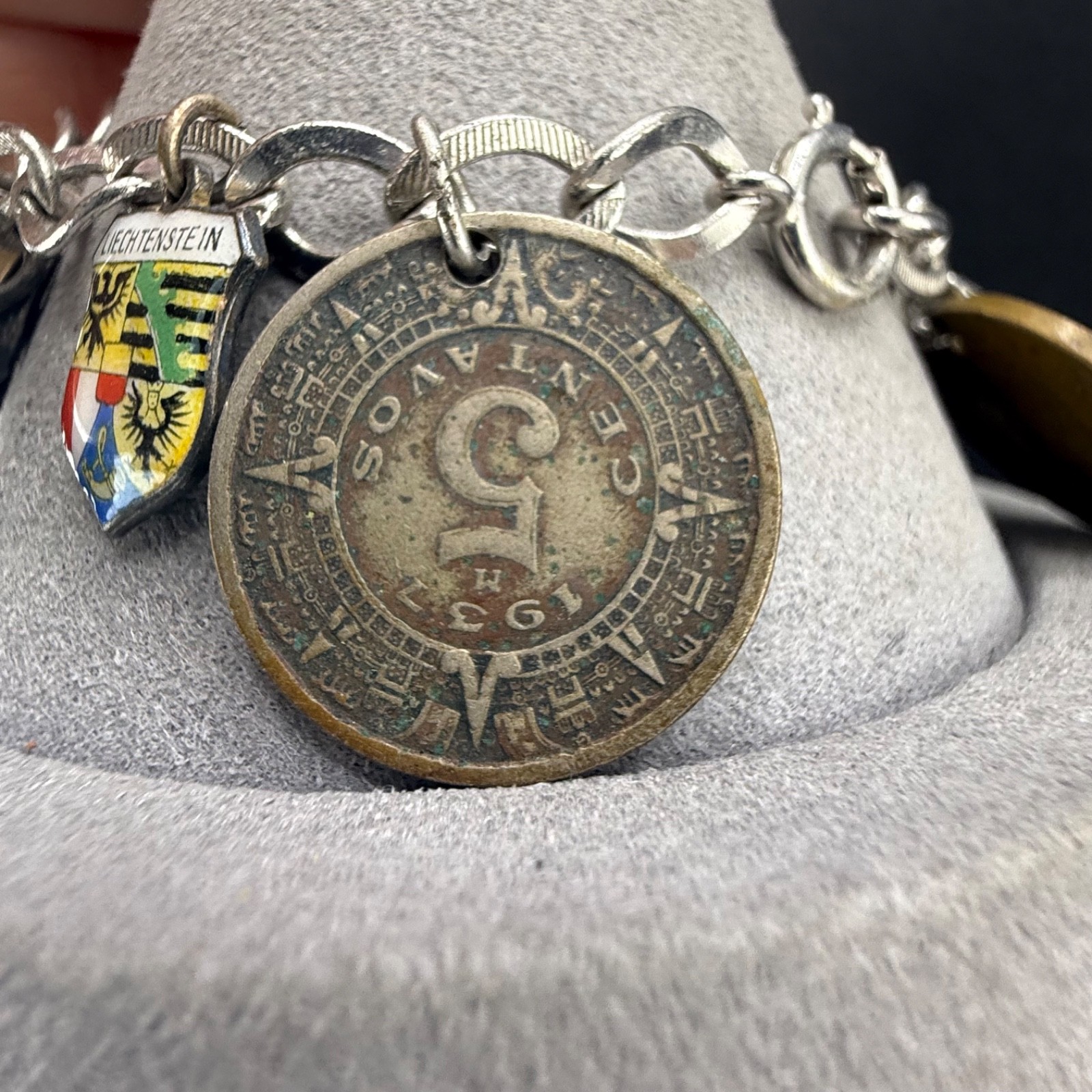 Vintage Travel Coin Charm Bracelet Europe Mexico Some 800 Silver 6.5”