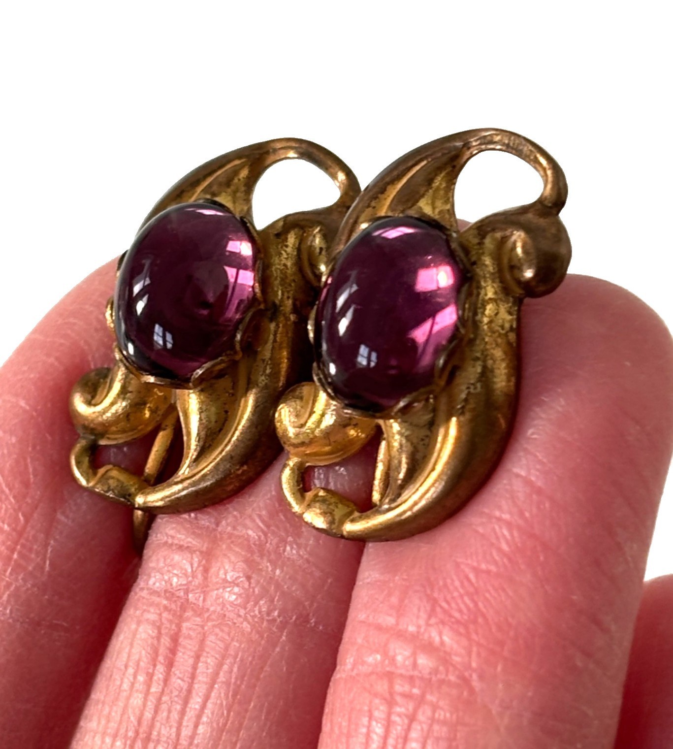 Vintage Miriam Haskell Earrings Signed Purple Pink Gripoix Glass Cabochon