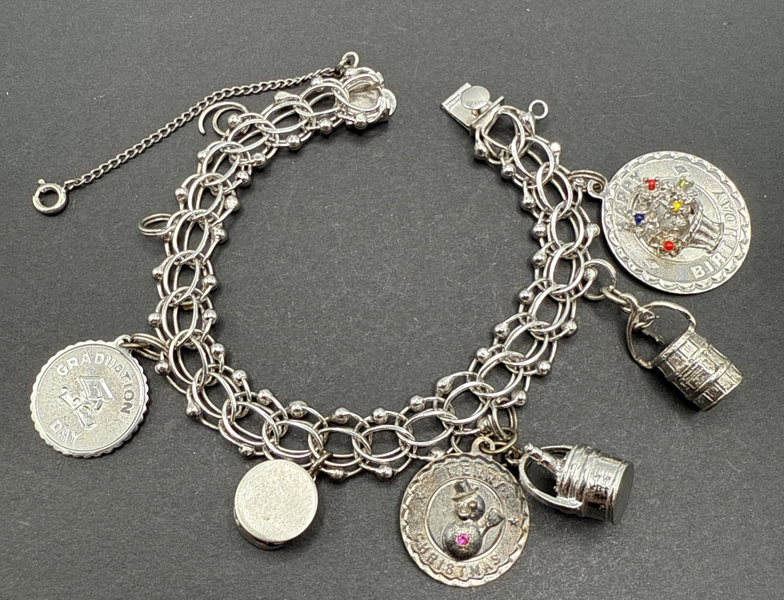 VINTAGE STERLING SILVER CHARM BRACELET Champagne Hat Barrel Grad 32 G 7” J13