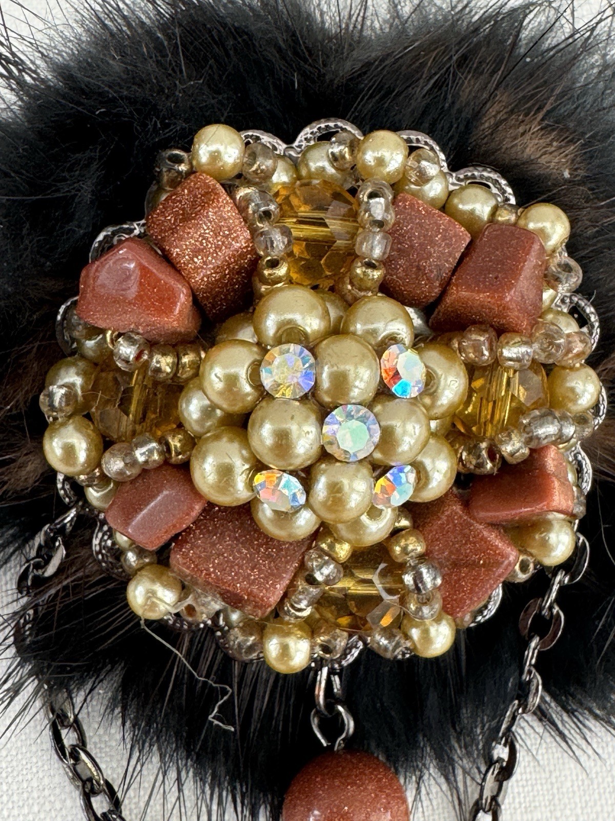 VTG Mink Fur Beaded Brooch 1960s Faux Pearl Aurora Borealis