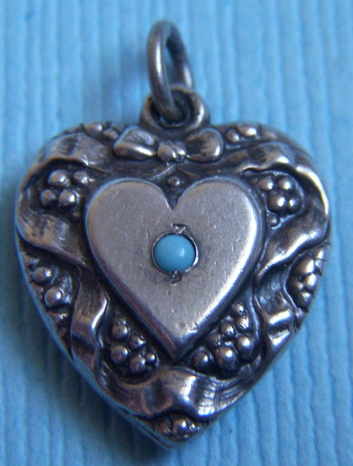 Vintage bow and ribbons turquoise heart “Mary” sterling charm