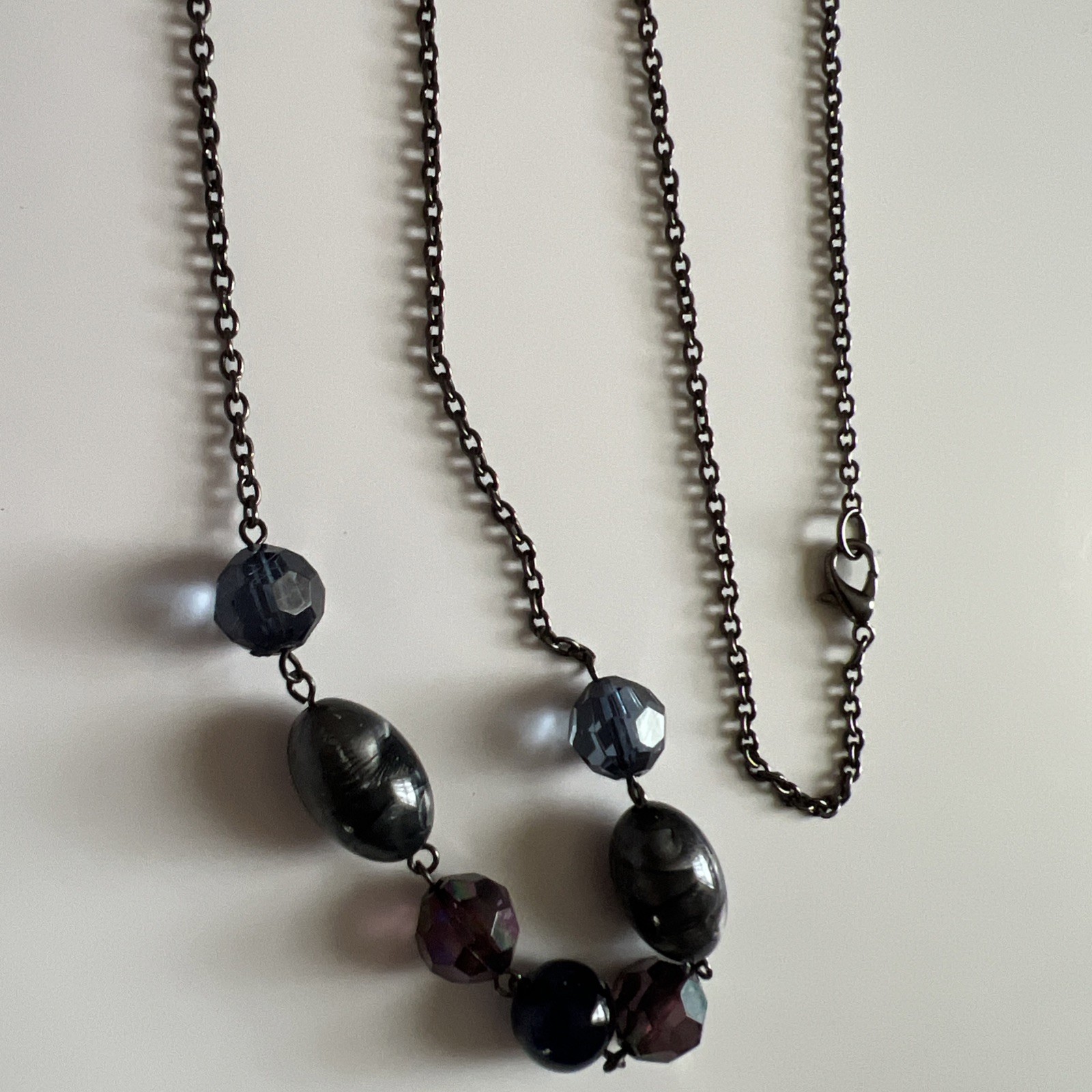 Vintage Long Necklace Blue Glass Beads Stones Different Shapes & Hues 46” Long
