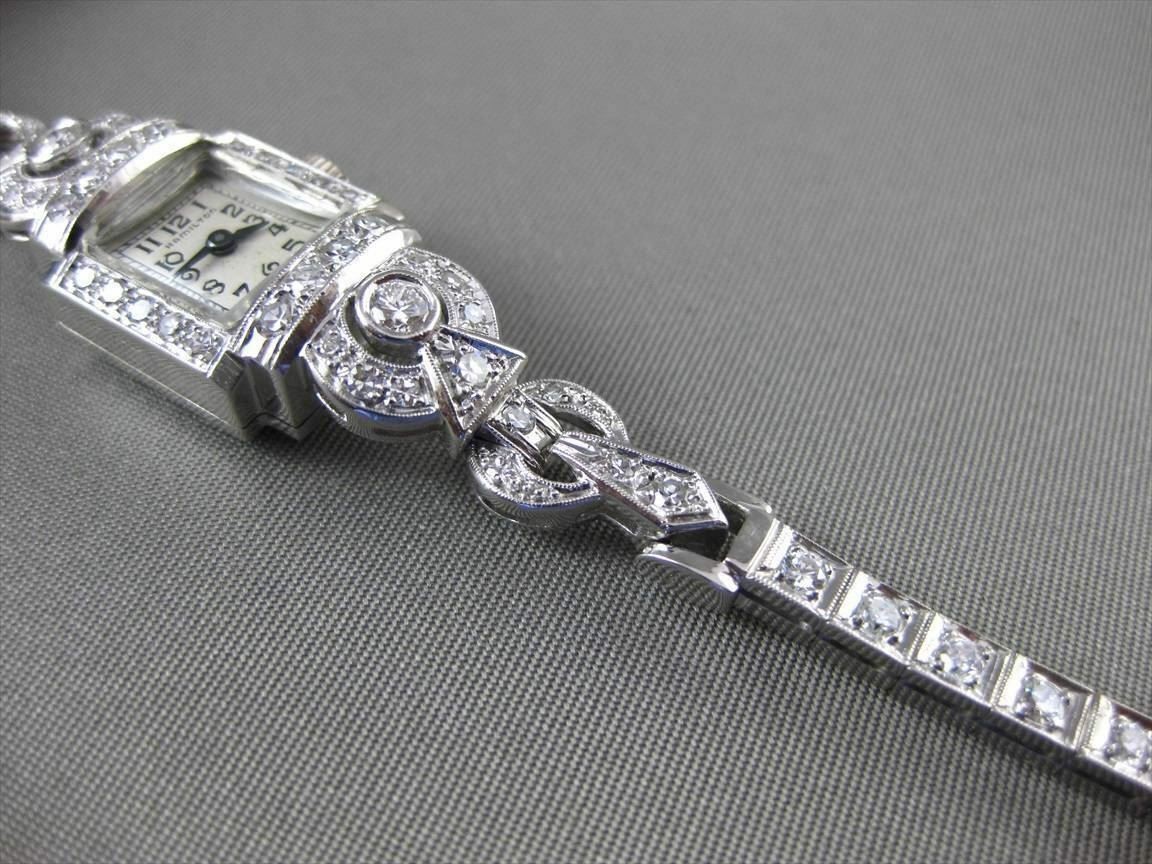 ANTIQUE LARGE 2.30CT OLD MINE DIAMOND PLATINUM HAMILTON WATCH F VVS/VS #14090