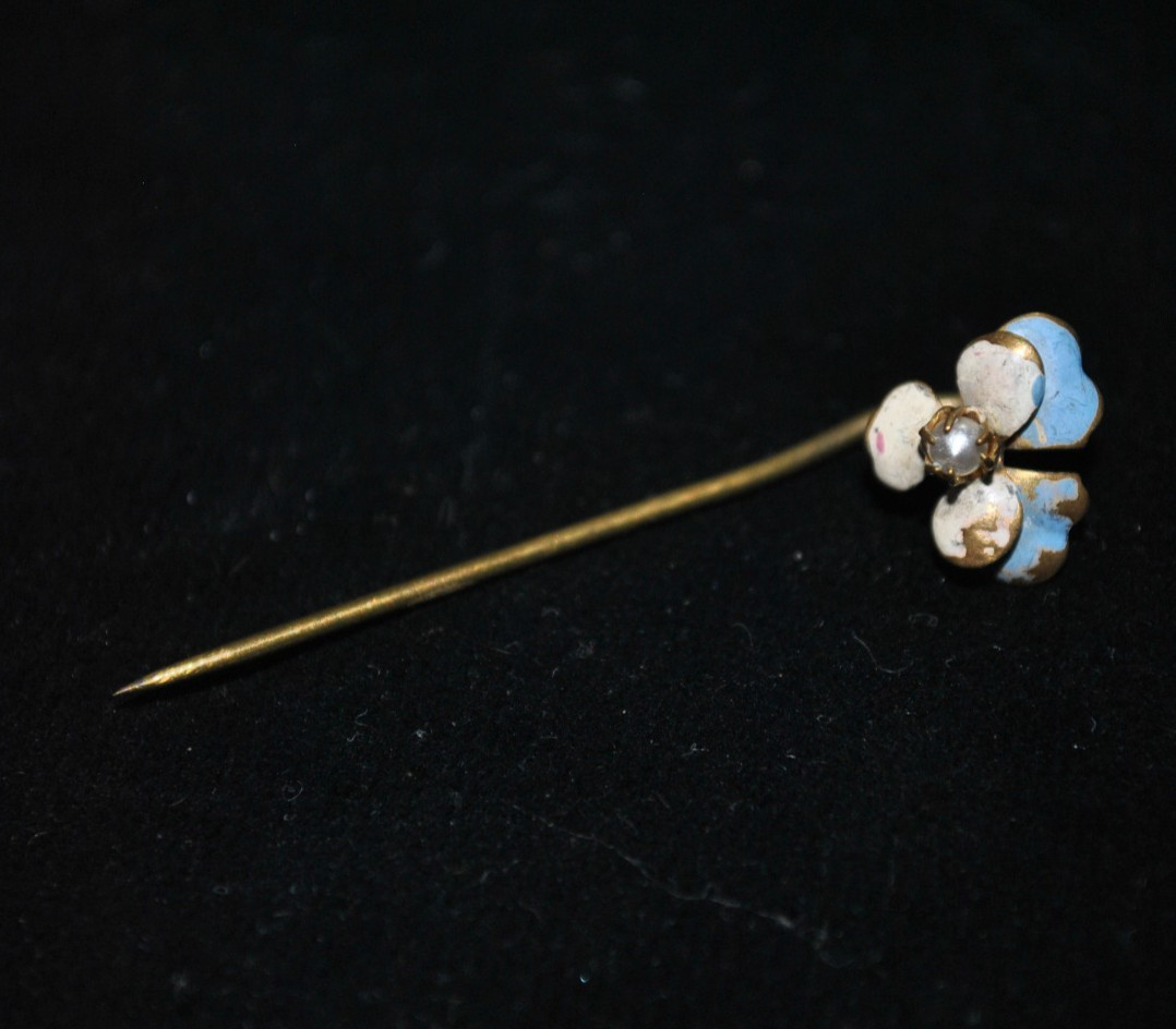 Antique Enamel Pansy Flower Brass Stick / Tie Pin with Faux Pearl victorian