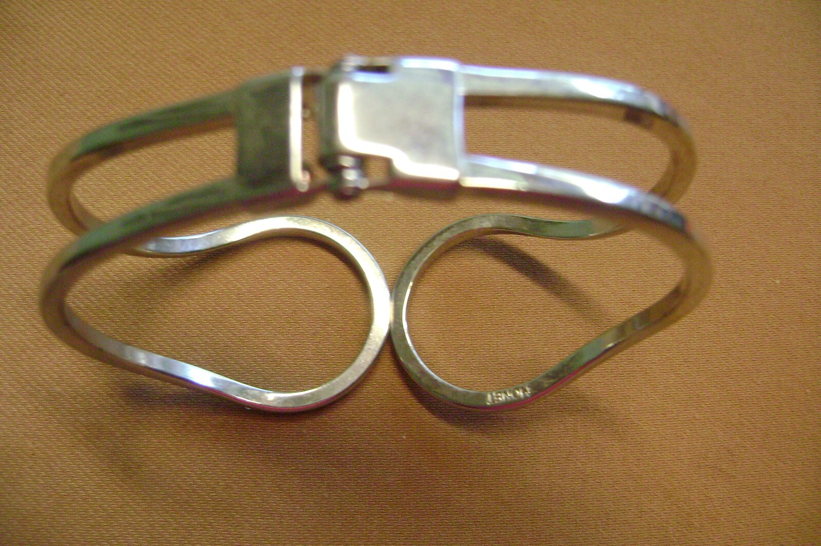 SIGNED MONET RHINESTONE HINGED OPEN CUFF/ BANGLE SILVER TONE BRACELET