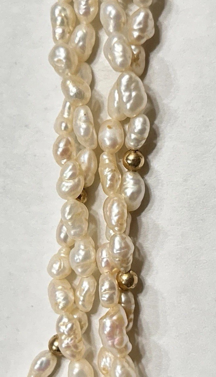 Long 56” Opera Length Necklace Rice Pearls & Gold Plated Beads, 2 Strand Twisted