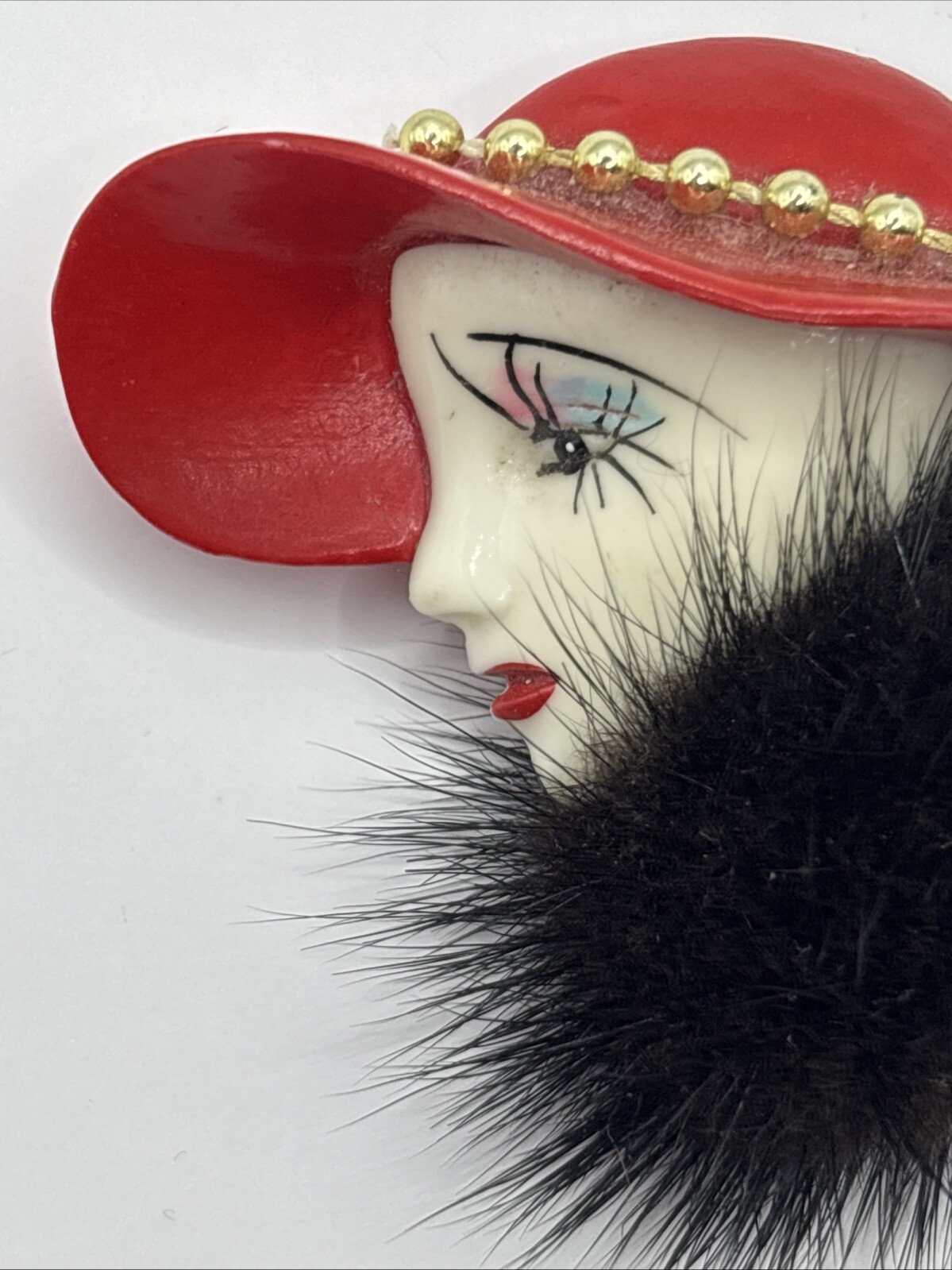 VTG Flapper Pin Brooch Deco Lady Red Gold Hat Fur Collar Hand Ptd Ceramic Gift