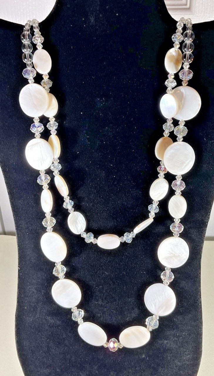 Mother of Pearl Abalone Necklace White Double Strand w/ Clear Glass Beads Chic