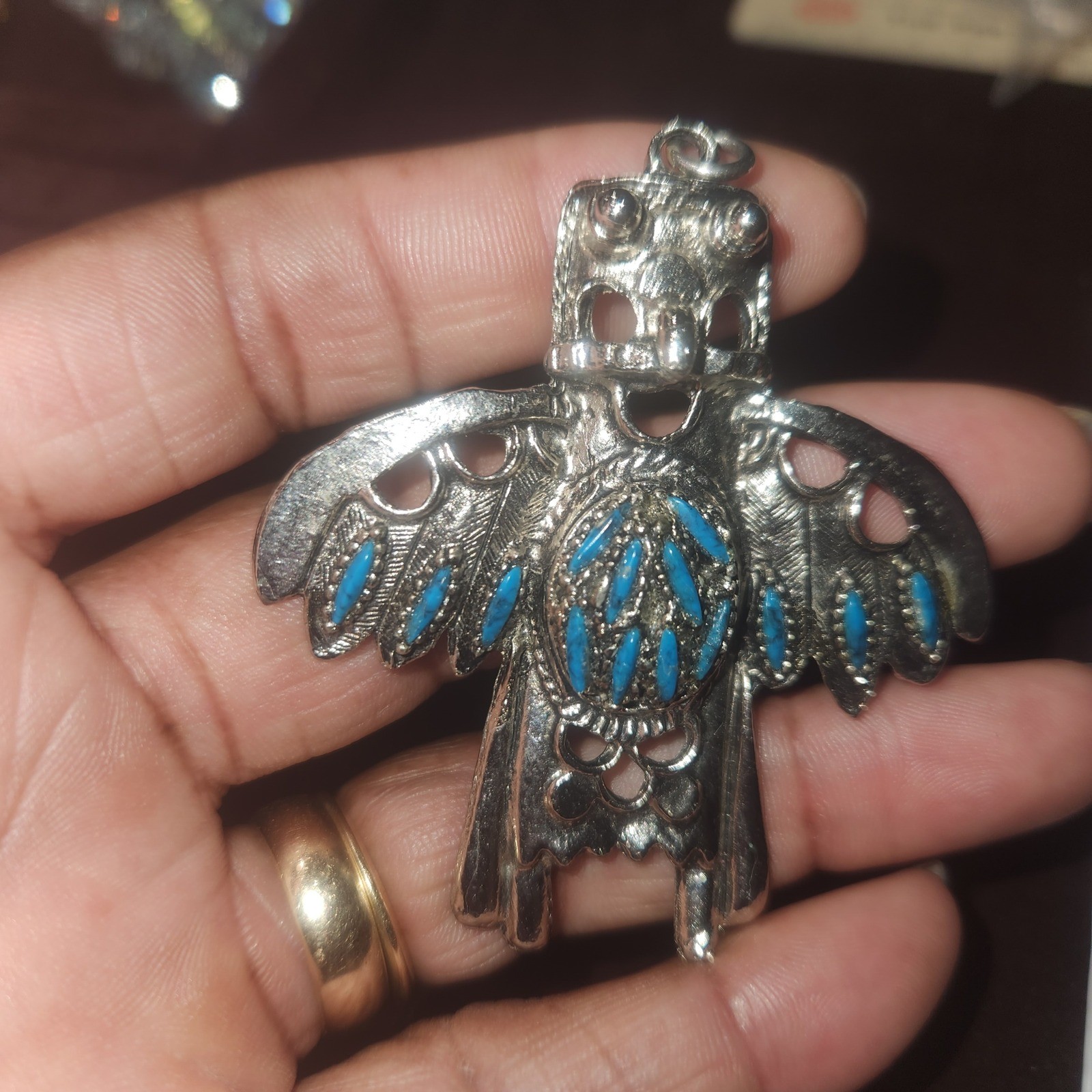 Vintage Native American Style Thunderbird Pendant Silver Tone stone Inlay Bird