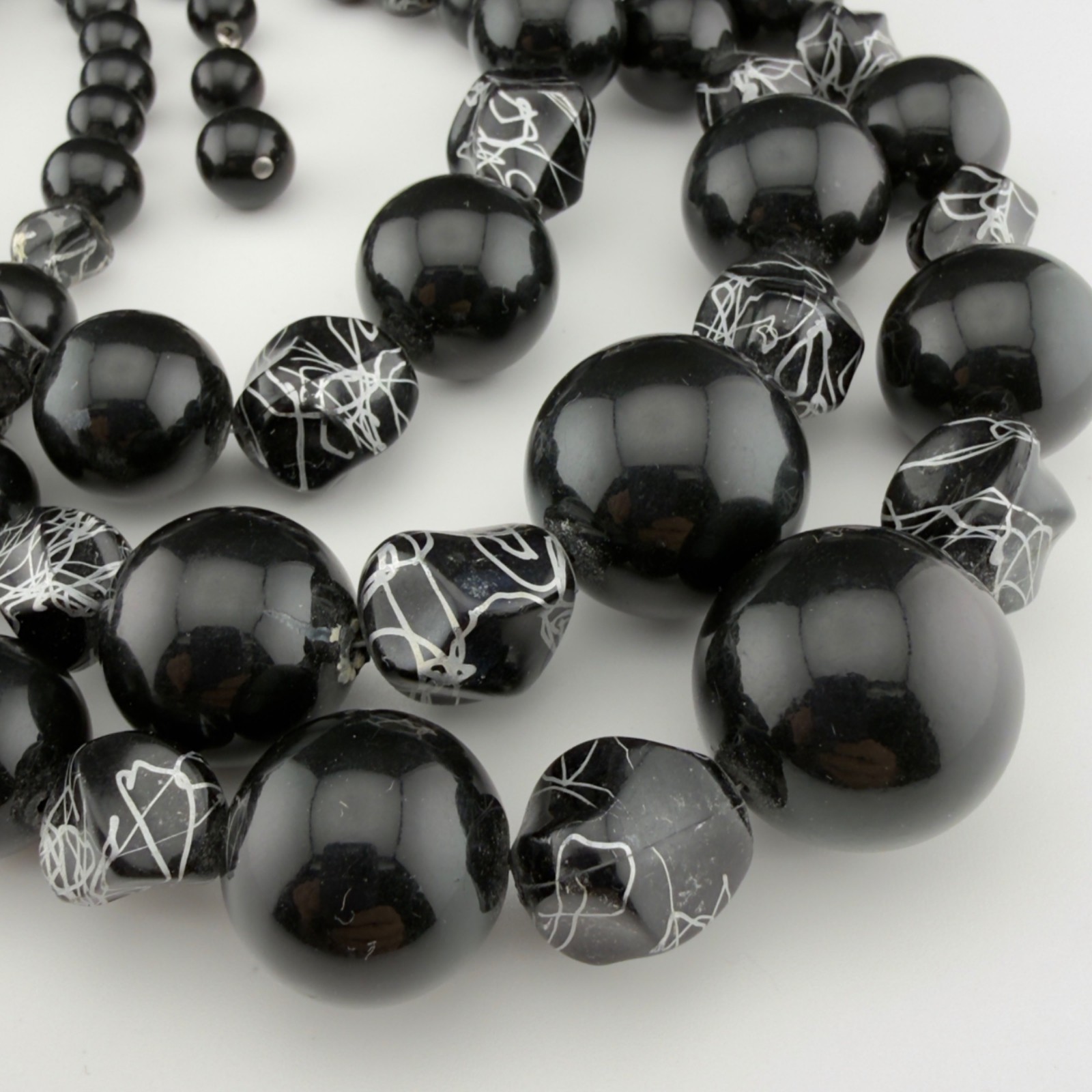Vintage Beaded Statement Necklace Black Silver Acrylic Multi Strand