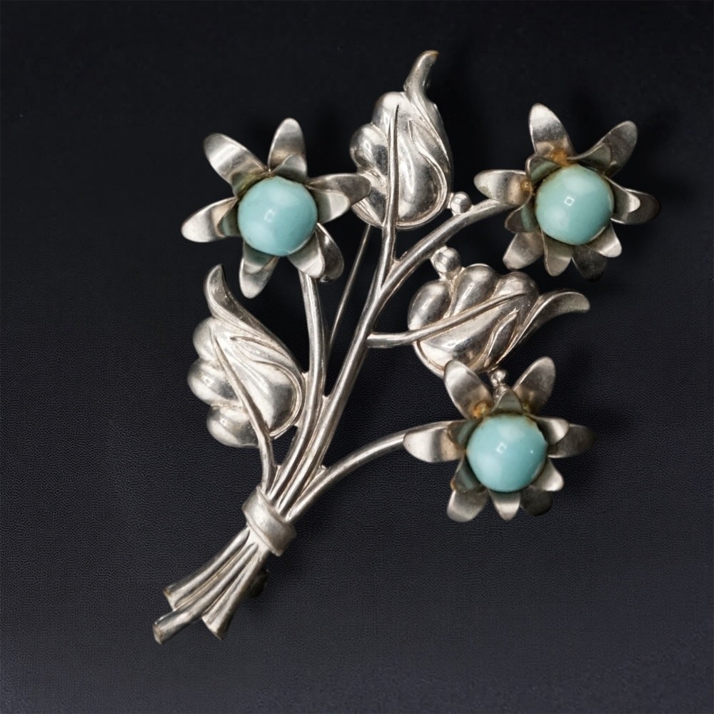 Vintage Floral Bouquet 3.5 in Brooch Blue Bead Silver Tone Statement Pin Retro