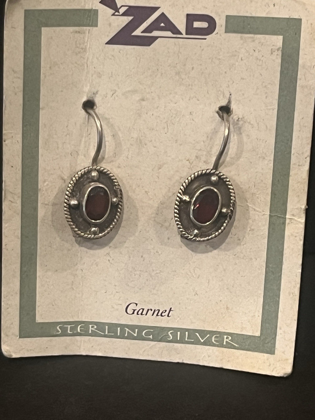 NEW OLD STOCK Vintage Sterling Silver 925 Garnet Dangle Drop Hook Earrings