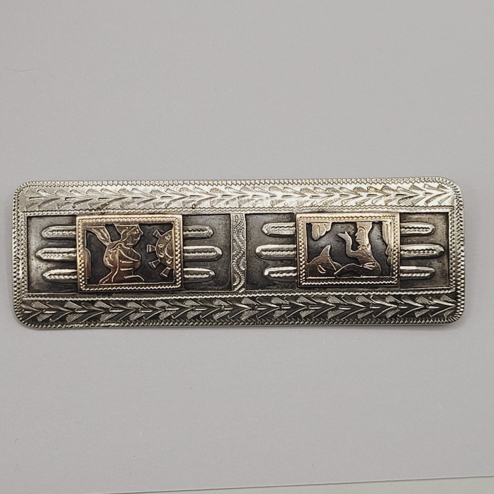 Guatemala Maya Mayan Relief Image Long Silver & Copper Tone Vintage Brooch Pin