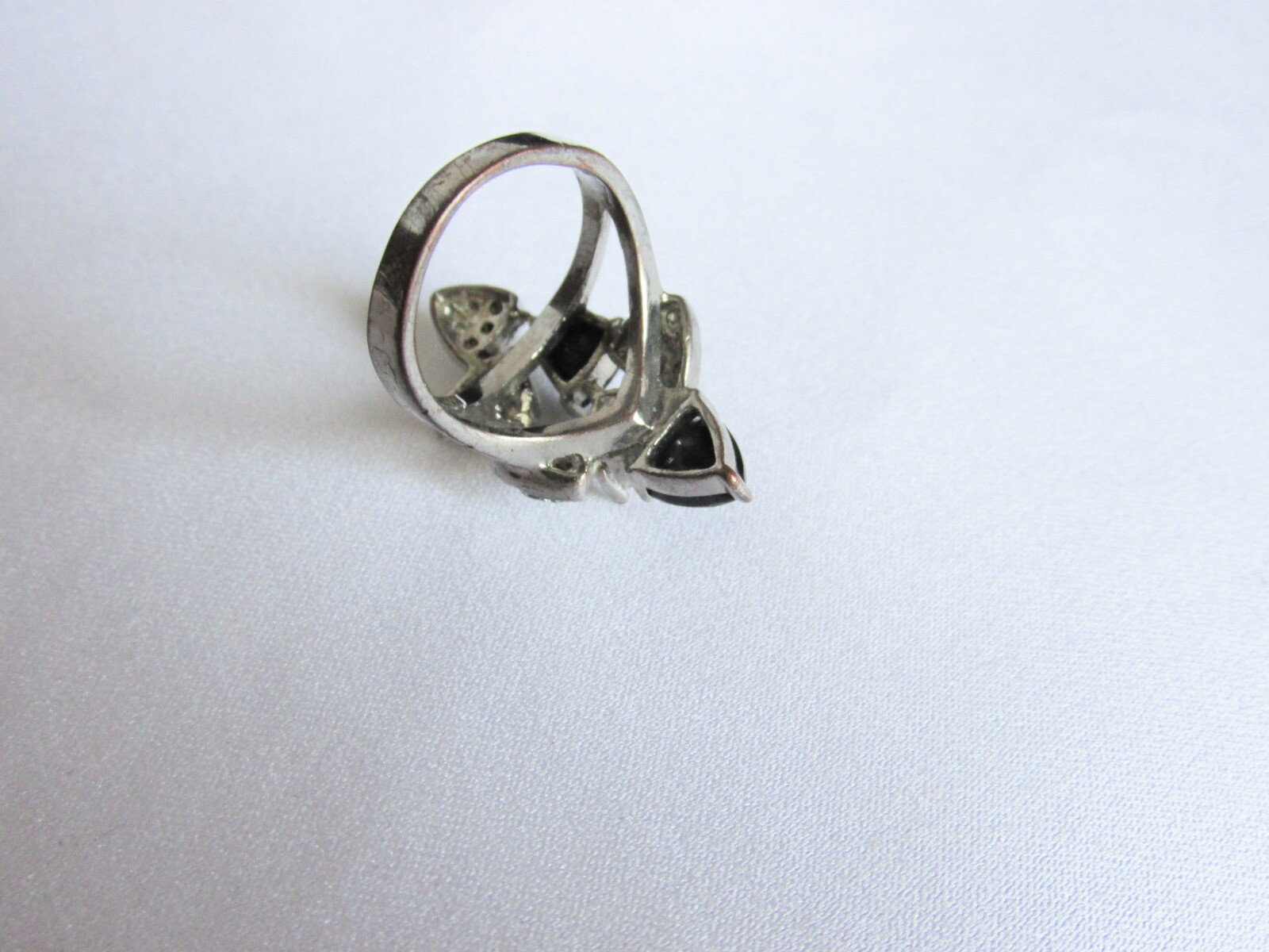 Vintage Black & Clear CZ Trillion Cut Cocktail Ring Silver Plate Sz 6.5