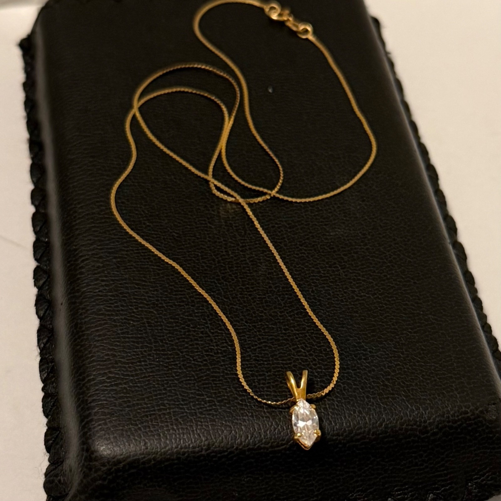 Vintage 14KT Gold Chain Genuine CZ Marquise Pendant Necklace Box Orig CZ Papers!
