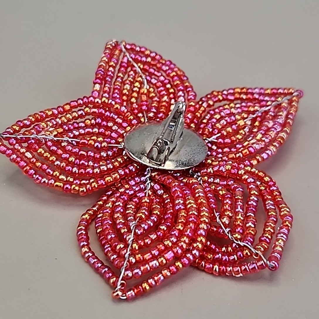 Vintage Seed Bead Flower Brooch AB Red Wired Glass 2.75″