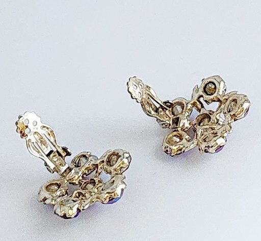 AURORA BOREALIS PURPLE BLUE PINK HUES FLOWER CLIP-ON EARRINGS-1.25″ DIAMETER