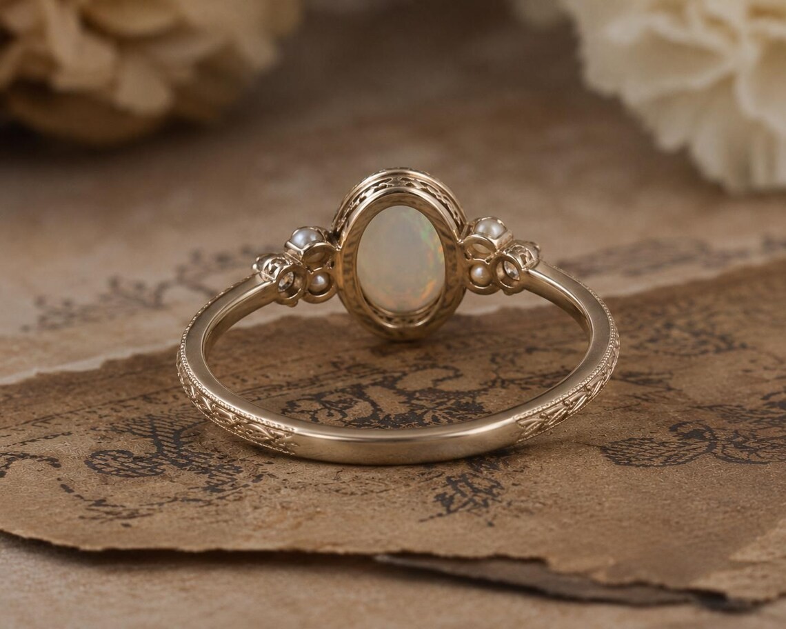 Natural Ethiopian Opal Ring Vintage Pearl Ring 925 Sterling Silver Oval Opal