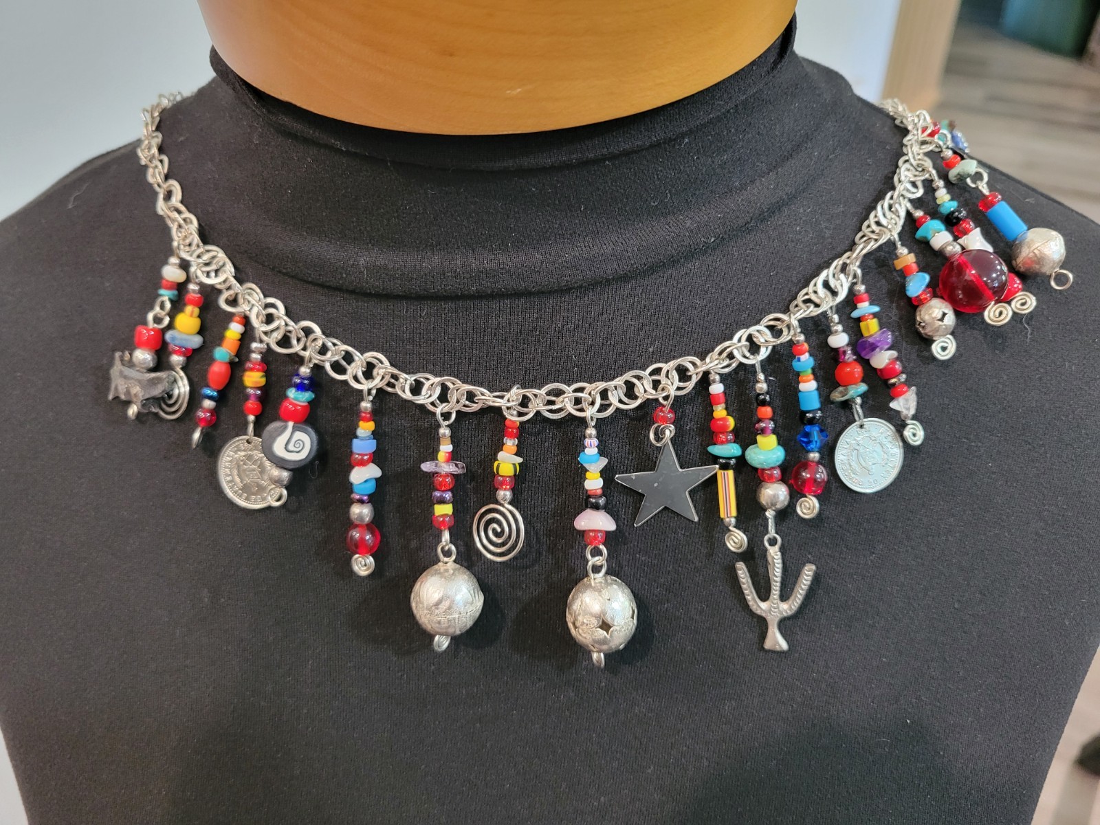 Vintage Multi-stone Tribal Guatemala Coin Charm Beaded Strand Silver Toned Boho