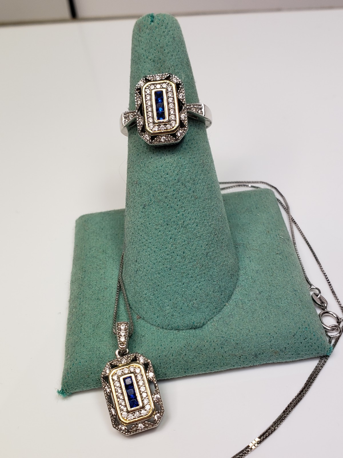 Art Deco Style Sterling 925 Blue Sapphire Lab Diamond Pendant Ring Set Size 7.75